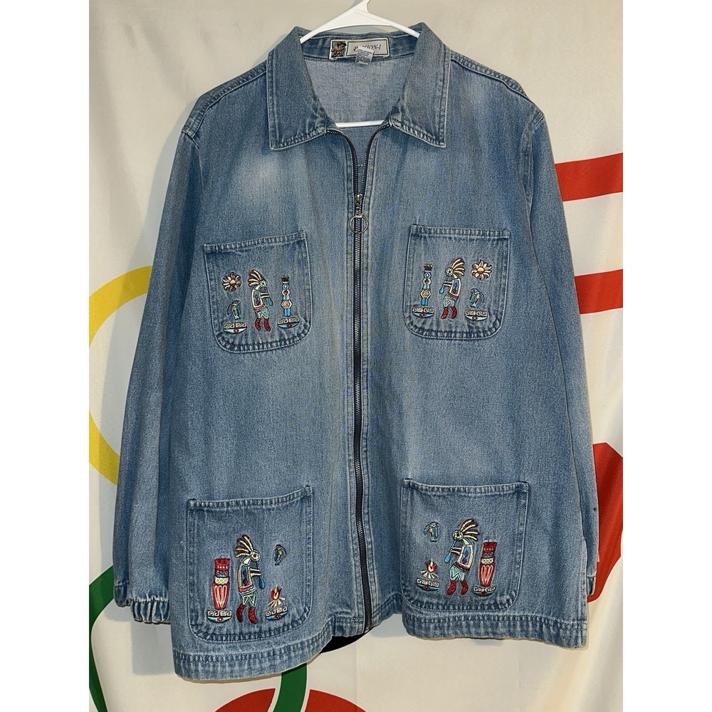 Passion-I Kokopelli Denim Jacket Womens Large Full Zip Vintage 90s Tribal